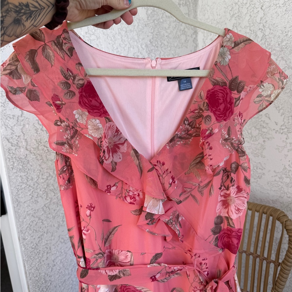 Jessica Howard - Pink Floral Ruffled High-low Wrap Dress Size 14 - Picture 4 of 8